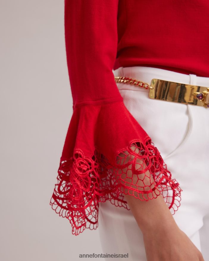 הַלבָּשָׁה Anne Fontaine סוודר סוודר fozia עם פרטי תחרה פרחוניים נשפכים אדום טנגו נשים DL8V8L480