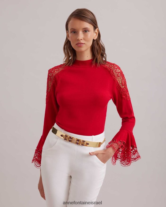 הַלבָּשָׁה Anne Fontaine סוודר סוודר fozia עם פרטי תחרה פרחוניים נשפכים אדום טנגו נשים DL8V8L480