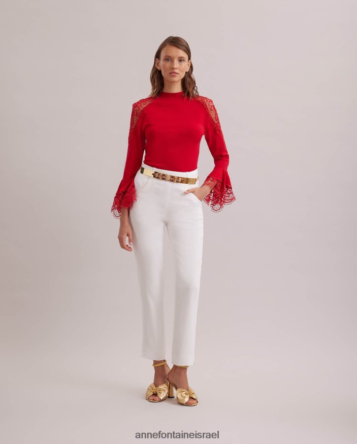 הַלבָּשָׁה Anne Fontaine סוודר סוודר fozia עם פרטי תחרה פרחוניים נשפכים אדום טנגו נשים DL8V8L480