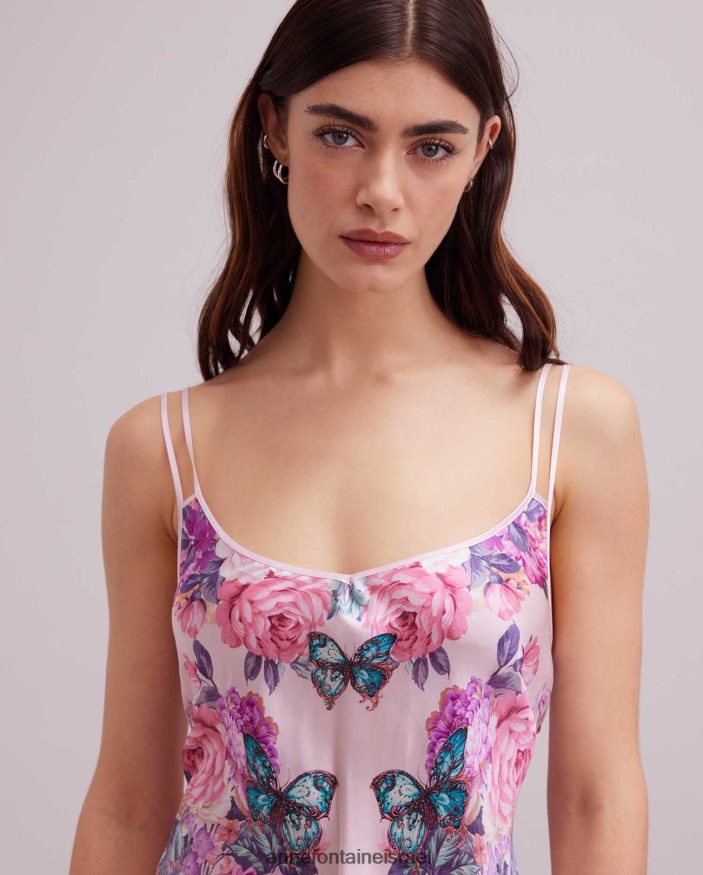 הַלבָּשָׁה Anne Fontaine שמלת haitza רצועת ספגטי שמלת משי בעיצוב פרפר ופרחים וָרוֹד נשים DL8V8L67