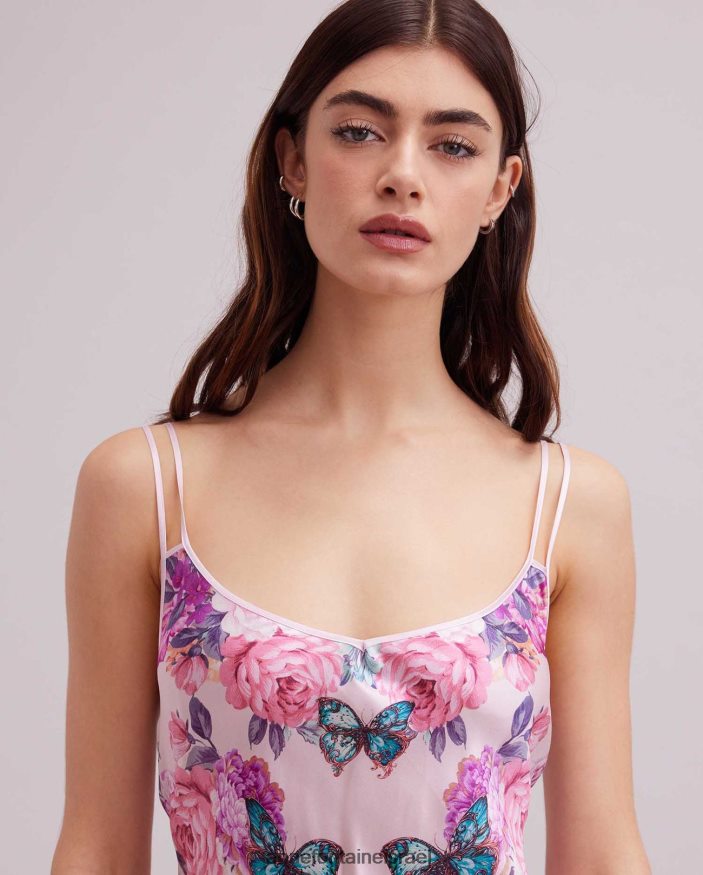 הַלבָּשָׁה Anne Fontaine שמלת haitza רצועת ספגטי שמלת משי בעיצוב פרפר ופרחים וָרוֹד נשים DL8V8L67