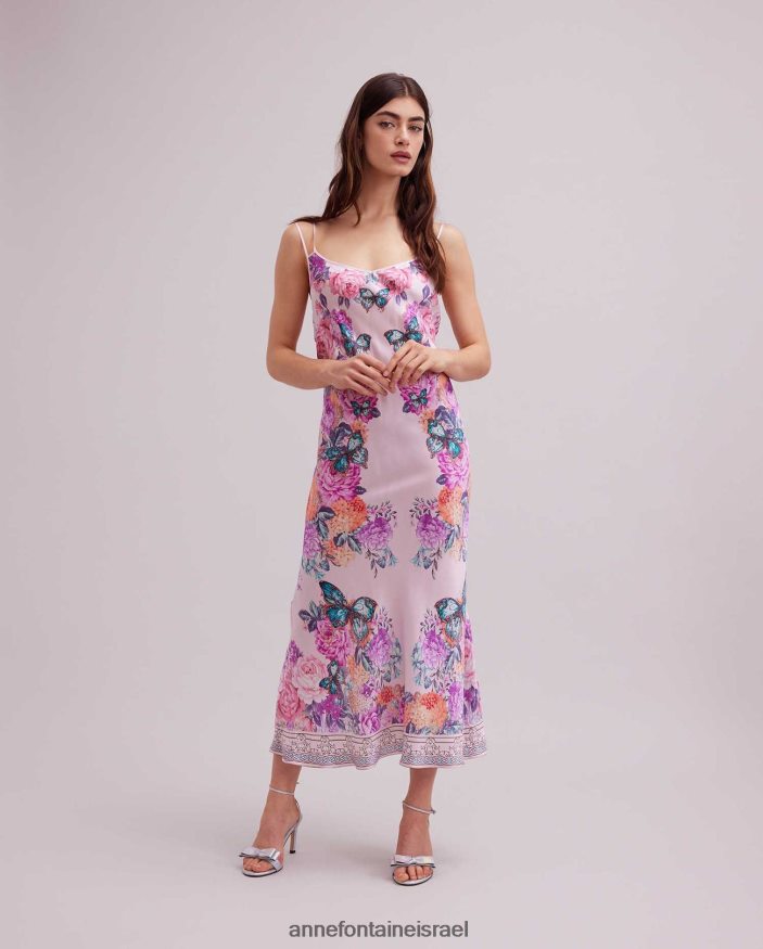 הַלבָּשָׁה Anne Fontaine שמלת haitza רצועת ספגטי שמלת משי בעיצוב פרפר ופרחים וָרוֹד נשים DL8V8L67