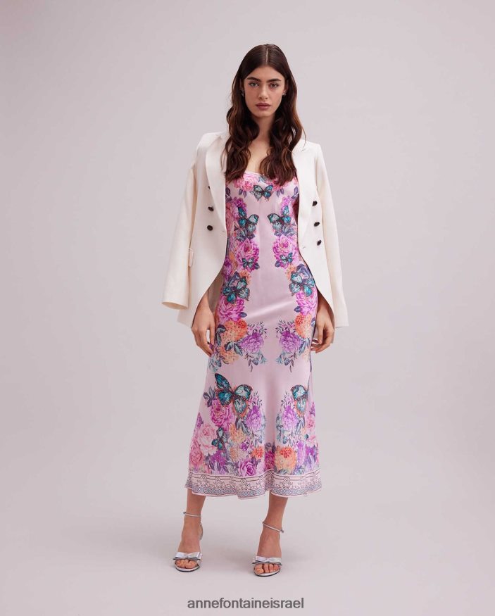 הַלבָּשָׁה Anne Fontaine שמלת haitza רצועת ספגטי שמלת משי בעיצוב פרפר ופרחים וָרוֹד נשים DL8V8L67