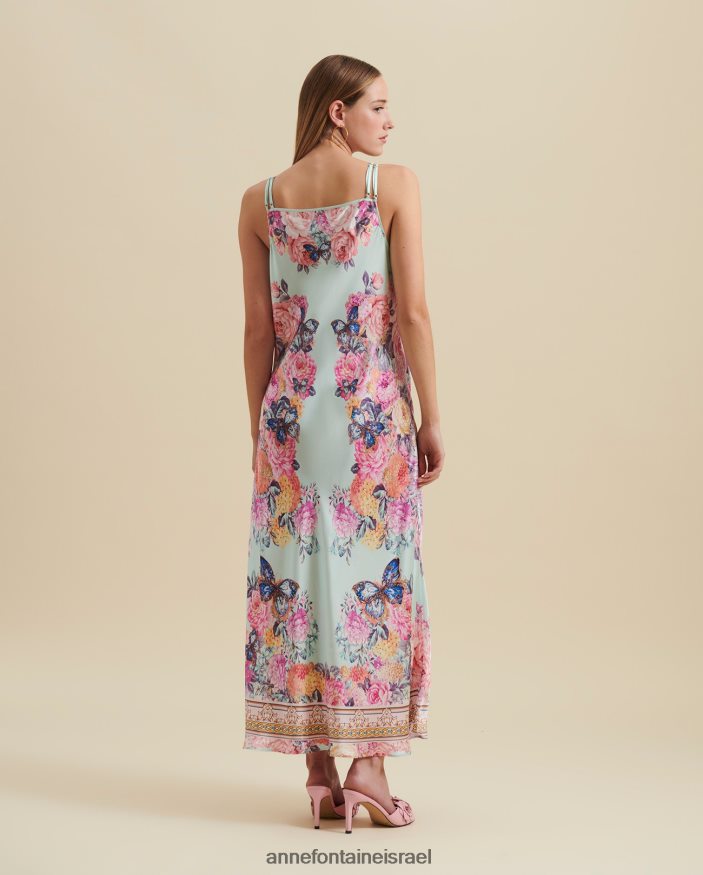 הַלבָּשָׁה Anne Fontaine שמלת haitza רצועת ספגטי שמלת משי בעיצוב פרפר ופרחים כְּחוֹל נשים DL8V8L84