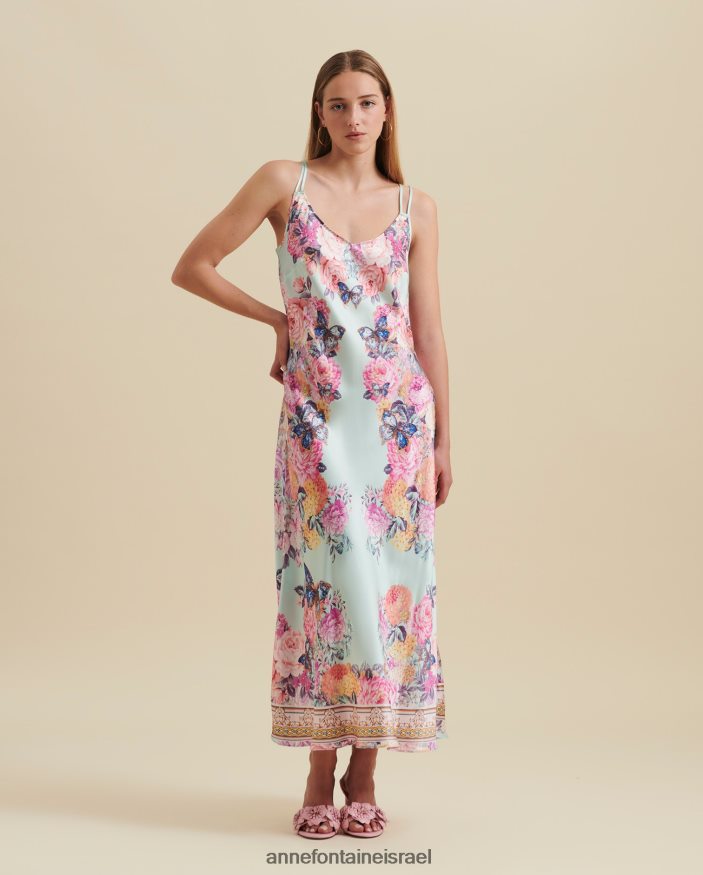 הַלבָּשָׁה Anne Fontaine שמלת haitza רצועת ספגטי שמלת משי בעיצוב פרפר ופרחים כְּחוֹל נשים DL8V8L84