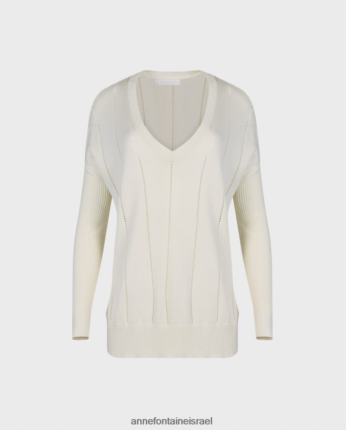 הַלבָּשָׁה Anne Fontaine סוודר imanol עם שרוול ארוך אוברסייז עם צווארון V לבן נשים DL8V8L486