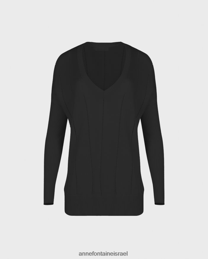 הַלבָּשָׁה Anne Fontaine סוודר imanol עם שרוול ארוך אוברסייז עם צווארון V שָׁחוֹר נשים DL8V8L497