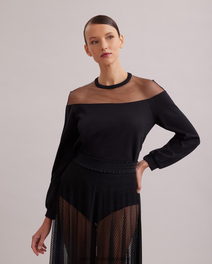 הַלבָּשָׁה Anne Fontaine סווטשירט של kally עם שרוולים ארוכים של טול שקוף שָׁחוֹר נשים DL8V8L293