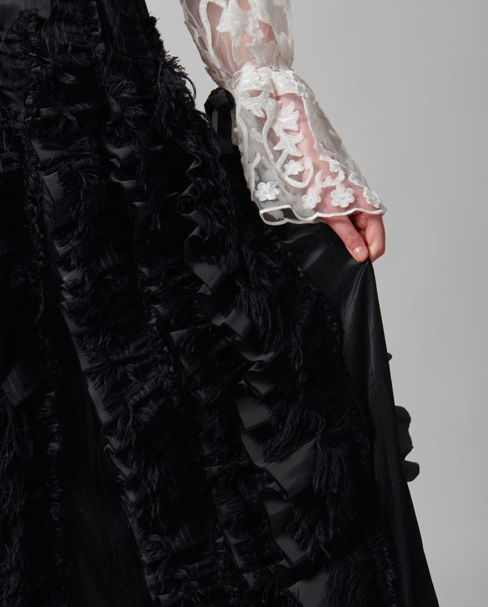 הַלבָּשָׁה Anne Fontaine חצאית lanielle חצאית סאטן בעיצוב אומן עם סלסולים זורמים אנכיים שָׁחוֹר נשים DL8V8L380