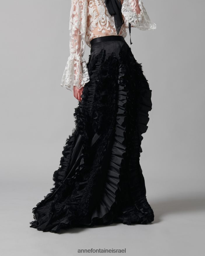 הַלבָּשָׁה Anne Fontaine חצאית lanielle חצאית סאטן בעיצוב אומן עם סלסולים זורמים אנכיים שָׁחוֹר נשים DL8V8L380
