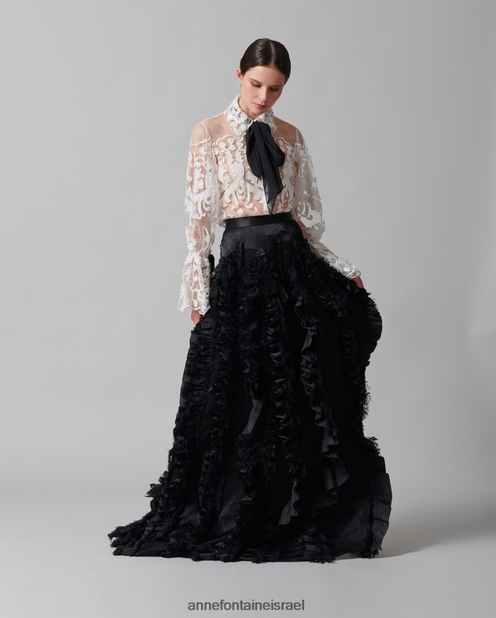 הַלבָּשָׁה Anne Fontaine חצאית lanielle חצאית סאטן בעיצוב אומן עם סלסולים זורמים אנכיים שָׁחוֹר נשים DL8V8L380