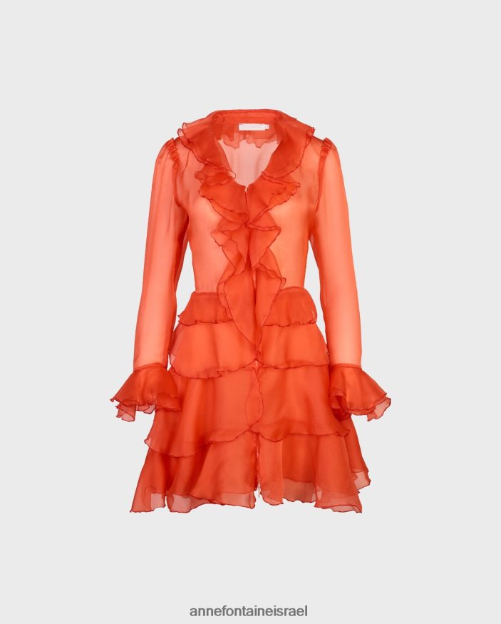 הַלבָּשָׁה Anne Fontaine שמלת חולצת lavande שרוולים ארוכים של חולצת משי אורגנזה עם פרטי סלסול תפוז נשים DL8V8L63