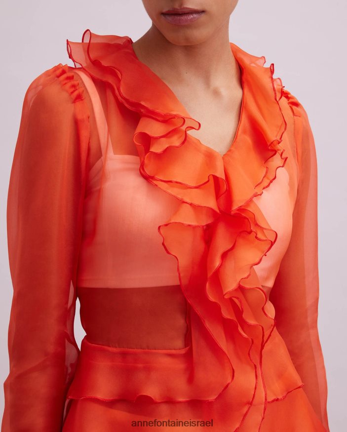 הַלבָּשָׁה Anne Fontaine שמלת חולצת lavande שרוולים ארוכים של חולצת משי אורגנזה עם פרטי סלסול תפוז נשים DL8V8L63