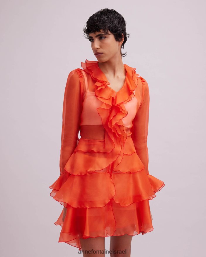 הַלבָּשָׁה Anne Fontaine שמלת חולצת lavande שרוולים ארוכים של חולצת משי אורגנזה עם פרטי סלסול תפוז נשים DL8V8L63