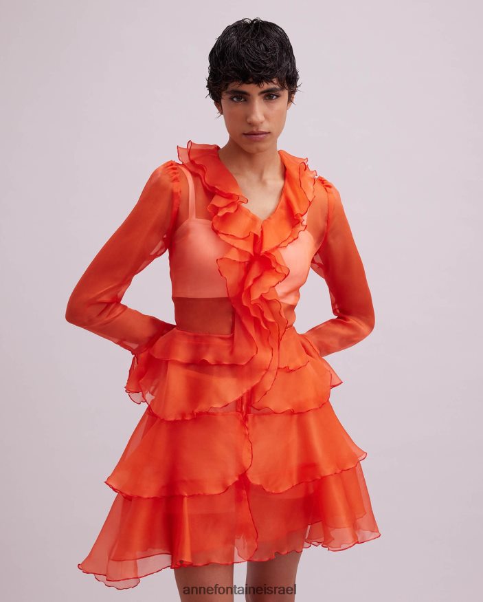 הַלבָּשָׁה Anne Fontaine שמלת חולצת lavande שרוולים ארוכים של חולצת משי אורגנזה עם פרטי סלסול תפוז נשים DL8V8L63