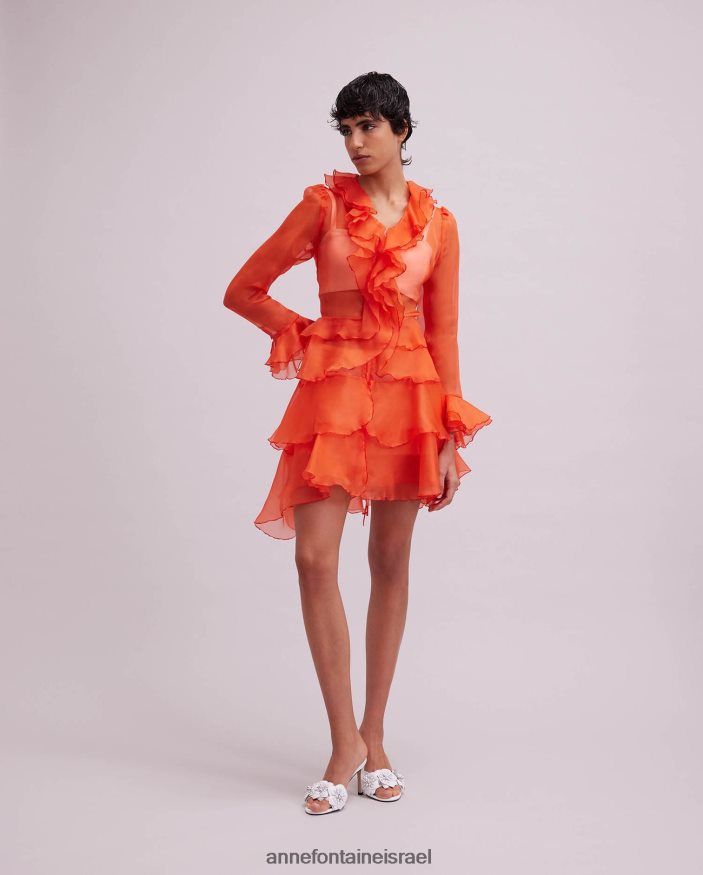 הַלבָּשָׁה Anne Fontaine שמלת חולצת lavande שרוולים ארוכים של חולצת משי אורגנזה עם פרטי סלסול תפוז נשים DL8V8L63