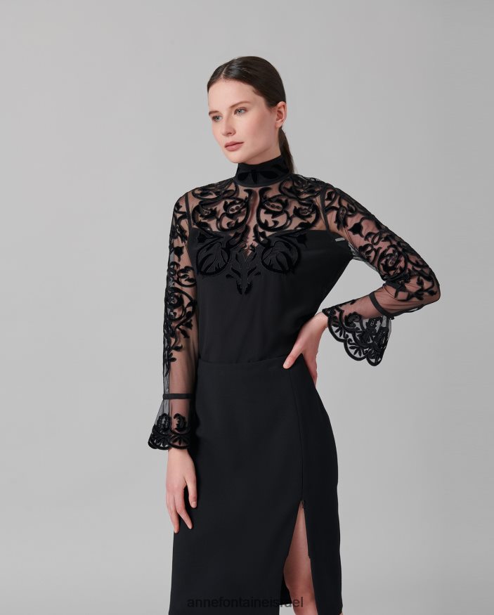 הַלבָּשָׁה Anne Fontaine חולצת loeky חולצת משי עם עול שקוף ושרוולים שָׁחוֹר נשים DL8V8L228