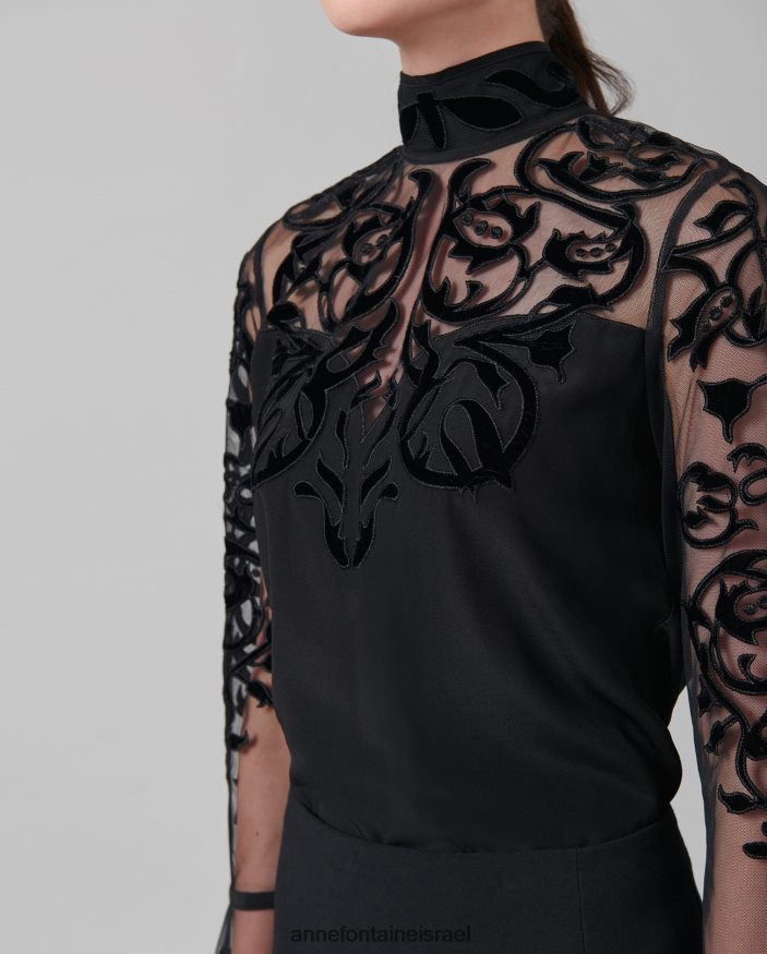 הַלבָּשָׁה Anne Fontaine חולצת loeky חולצת משי עם עול שקוף ושרוולים שָׁחוֹר נשים DL8V8L228