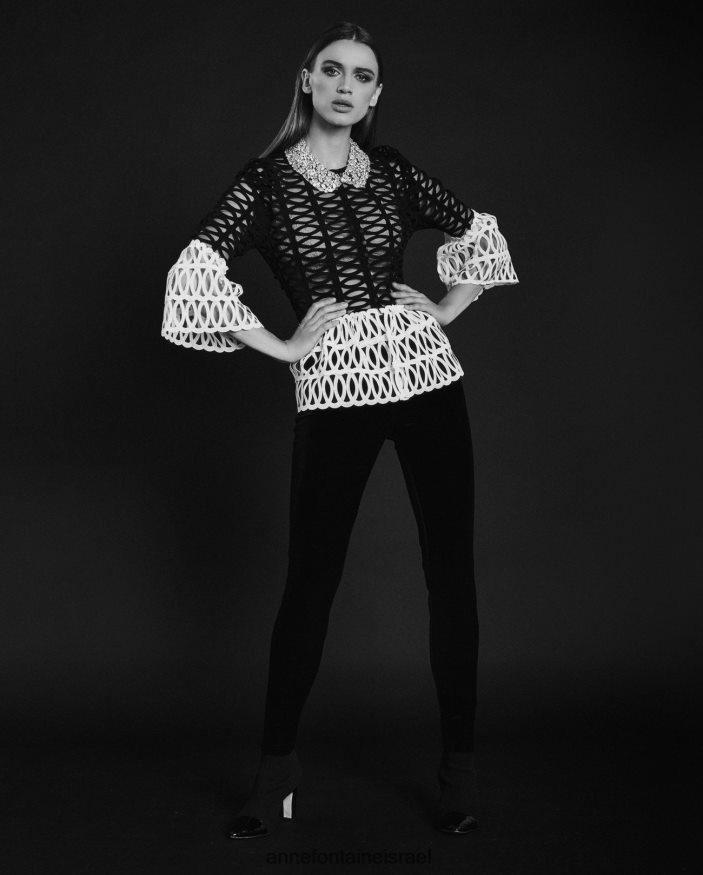 הַלבָּשָׁה Anne Fontaine חולצת mayoko חולצת רשת גיאומטרית פפלום לבן שחור נשים DL8V8L197
