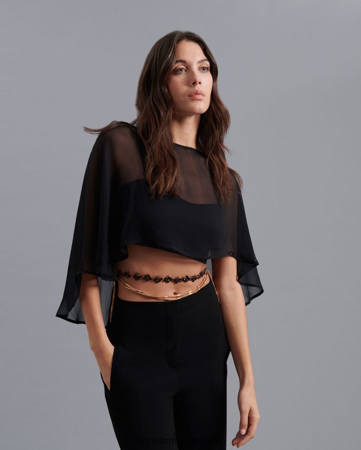 הַלבָּשָׁה Anne Fontaine mythe cape משי שיפון שכמייה גבוהה-נמוכה שָׁחוֹר נשים DL8V8L207