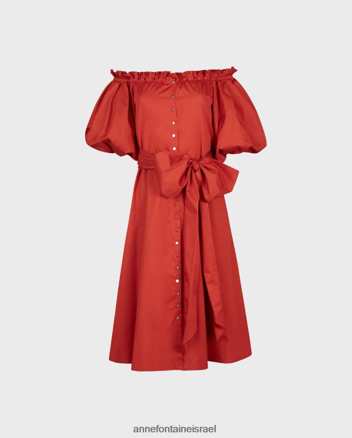 הַלבָּשָׁה Anne Fontaine שמלת nayara טרקוטה מחוץ לכתף 3/4 שמלת קשירה מותניים אָדוֹם נשים DL8V8L85