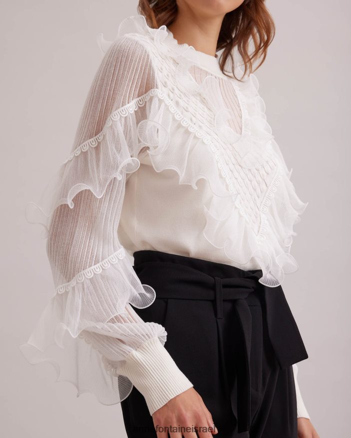 הַלבָּשָׁה Anne Fontaine סריג שרוולים ארוכים עליון של oeuvre עם פרטים נשפכים וקלסולים מדורגים לבן נשים DL8V8L288