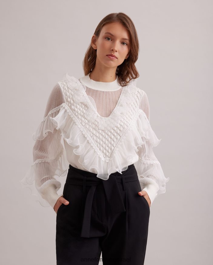 הַלבָּשָׁה Anne Fontaine סריג שרוולים ארוכים עליון של oeuvre עם פרטים נשפכים וקלסולים מדורגים לבן נשים DL8V8L288