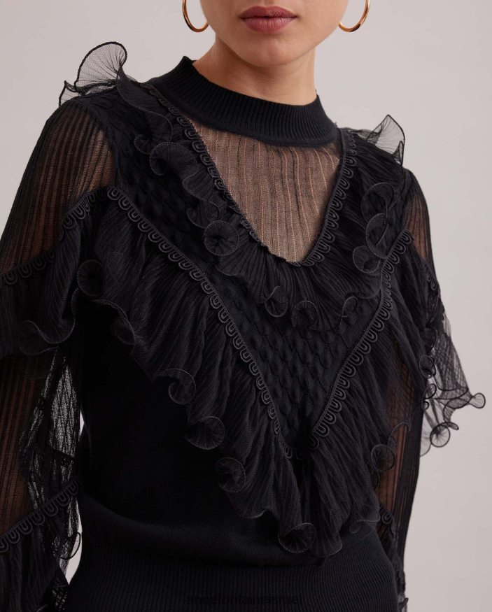 הַלבָּשָׁה Anne Fontaine סריג שרוולים ארוכים עליון של oeuvre עם פרטים נשפכים וקלסולים מדורגים שָׁחוֹר נשים DL8V8L289