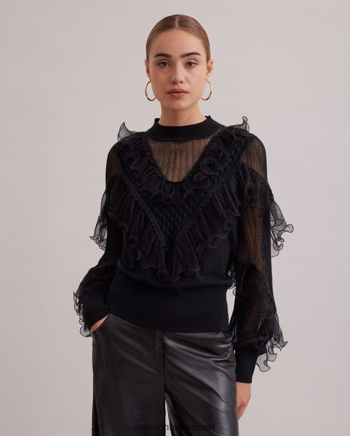 הַלבָּשָׁה Anne Fontaine סריג שרוולים ארוכים עליון של oeuvre עם פרטים נשפכים וקלסולים מדורגים שָׁחוֹר נשים DL8V8L289