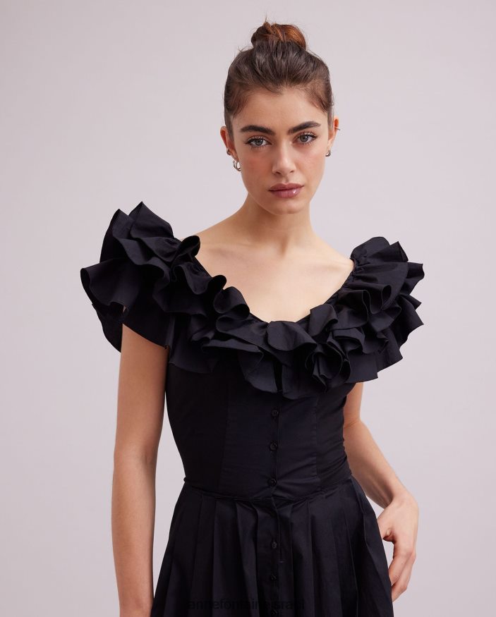 הַלבָּשָׁה Anne Fontaine שמלת oihana שמלה ארוכה עם פרטי סלסול שָׁחוֹר נשים DL8V8L71