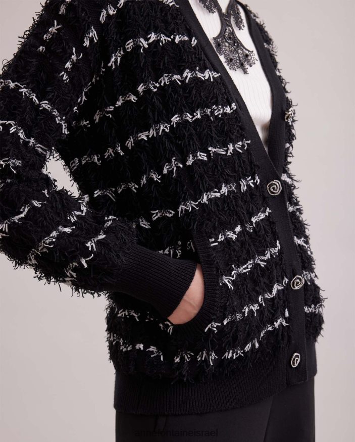 הַלבָּשָׁה Anne Fontaine קרדיגן parnasse שרוולים ארוכים עם צווארון V עם עיטור ומרקם לבן שחור נשים DL8V8L478