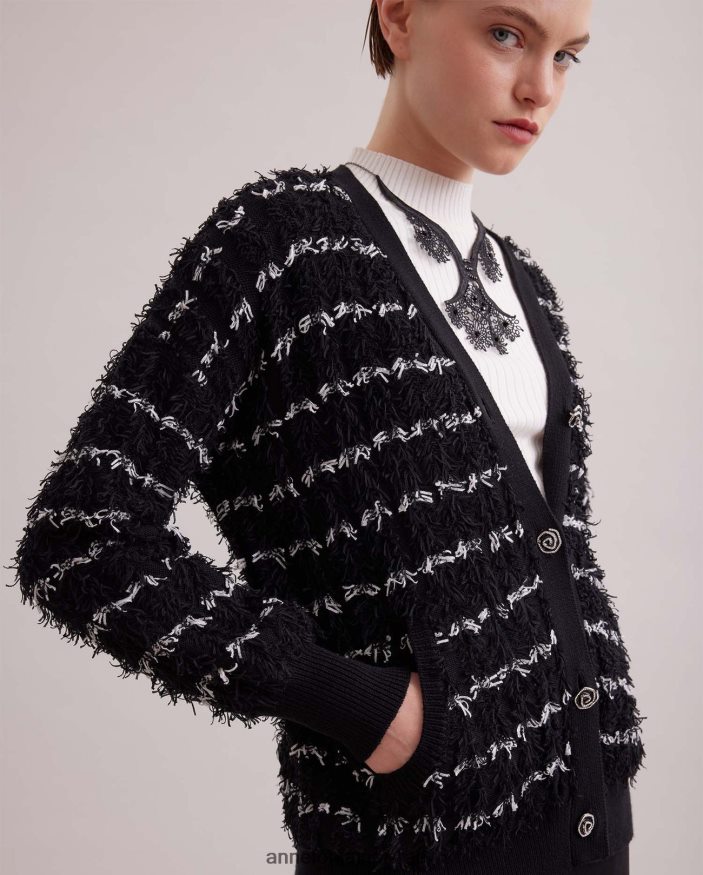 הַלבָּשָׁה Anne Fontaine קרדיגן parnasse שרוולים ארוכים עם צווארון V עם עיטור ומרקם לבן שחור נשים DL8V8L478