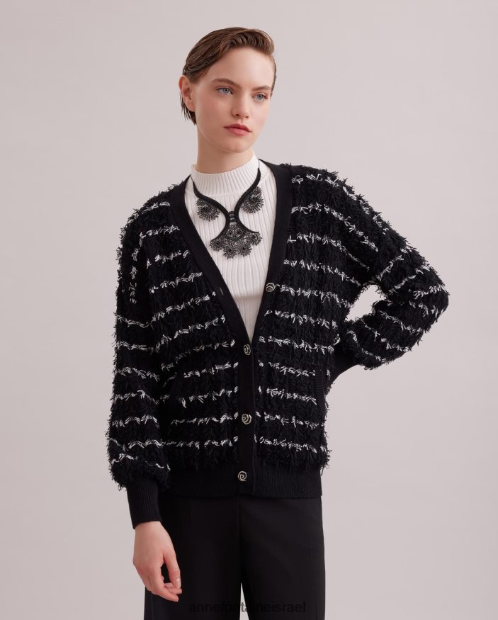 הַלבָּשָׁה Anne Fontaine קרדיגן parnasse שרוולים ארוכים עם צווארון V עם עיטור ומרקם לבן שחור נשים DL8V8L478