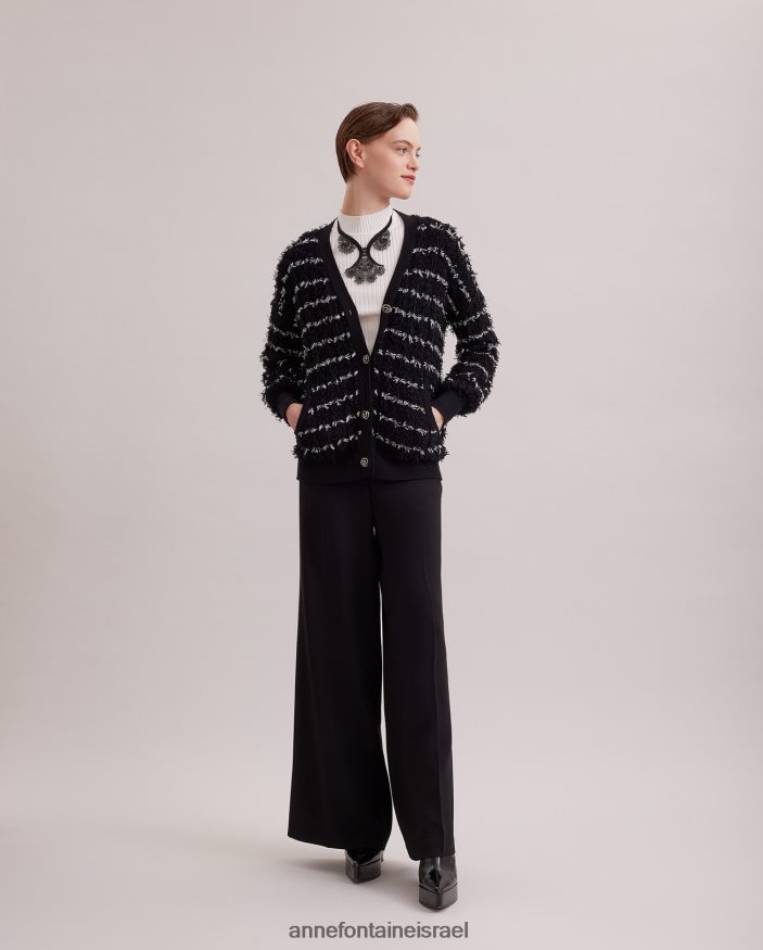 הַלבָּשָׁה Anne Fontaine קרדיגן parnasse שרוולים ארוכים עם צווארון V עם עיטור ומרקם לבן שחור נשים DL8V8L478