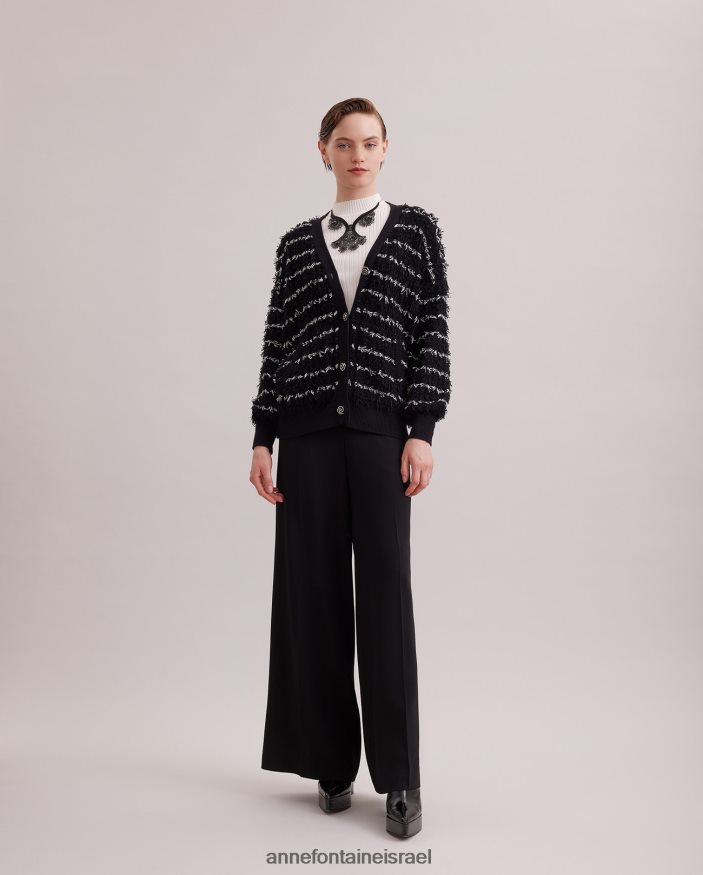 הַלבָּשָׁה Anne Fontaine קרדיגן parnasse שרוולים ארוכים עם צווארון V עם עיטור ומרקם לבן שחור נשים DL8V8L478