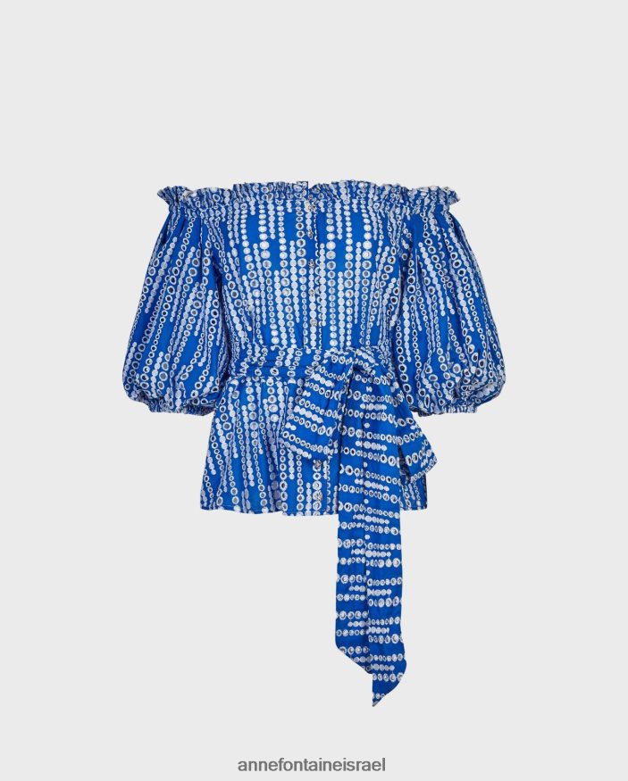 הַלבָּשָׁה Anne Fontaine חולצת picassien וחולצת עין מחוץ לכתף עם חגורת מותן קשירה לבן כחול נשים DL8V8L138