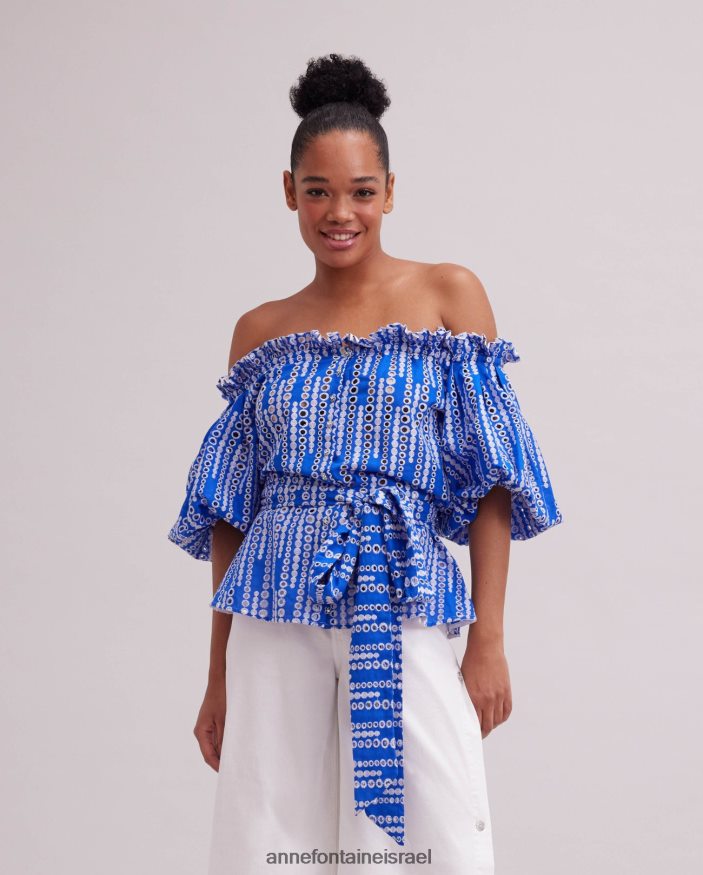 הַלבָּשָׁה Anne Fontaine חולצת picassien וחולצת עין מחוץ לכתף עם חגורת מותן קשירה לבן כחול נשים DL8V8L138