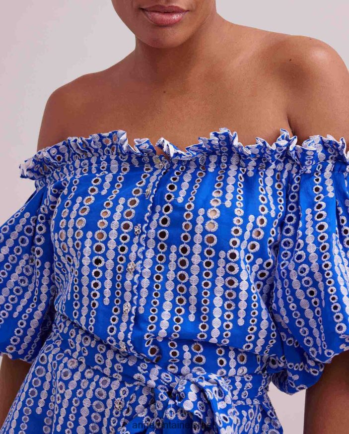 הַלבָּשָׁה Anne Fontaine חולצת picassien וחולצת עין מחוץ לכתף עם חגורת מותן קשירה לבן כחול נשים DL8V8L138