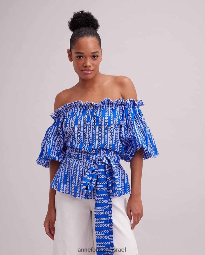 הַלבָּשָׁה Anne Fontaine חולצת picassien וחולצת עין מחוץ לכתף עם חגורת מותן קשירה לבן כחול נשים DL8V8L138