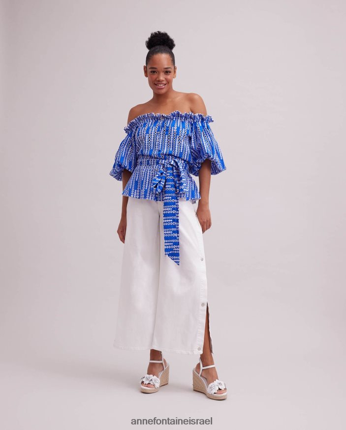 הַלבָּשָׁה Anne Fontaine חולצת picassien וחולצת עין מחוץ לכתף עם חגורת מותן קשירה לבן כחול נשים DL8V8L138