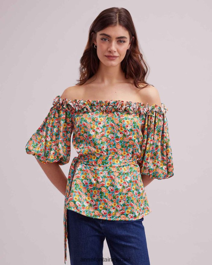 הַלבָּשָׁה Anne Fontaine חולצת r חולצה מחוץ לכתף עם הדפס מיני ורדים מרובי צבעים תפוז נשים DL8V8L238