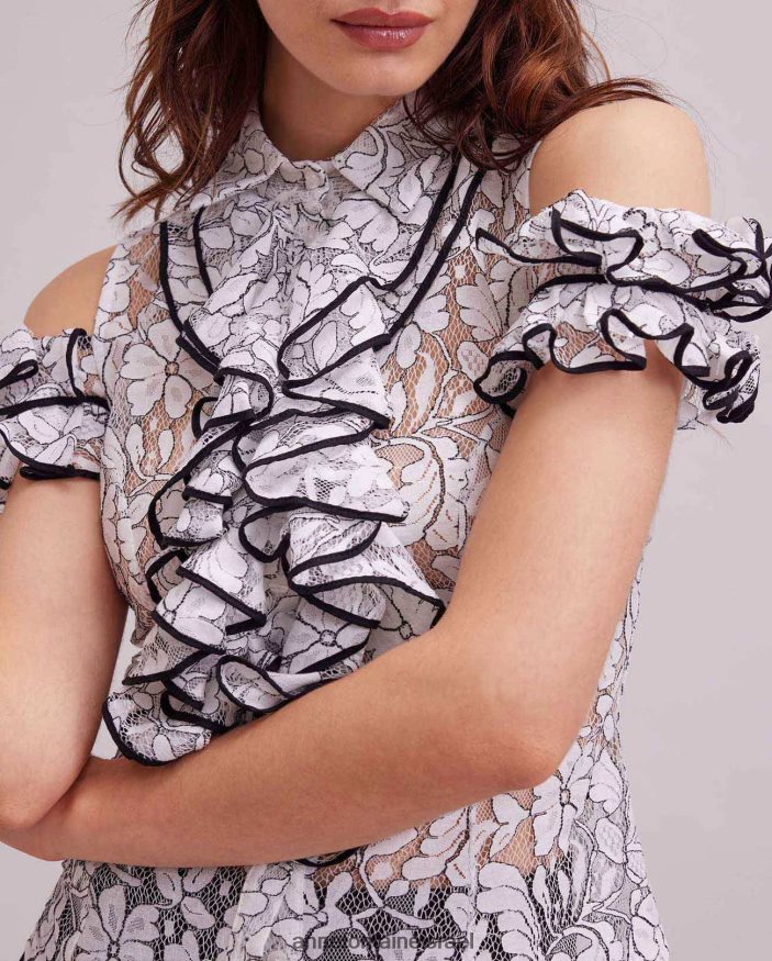 הַלבָּשָׁה Anne Fontaine חולצת roc חולצת תחרה עם כתף קרה עם עיטור קונטרסט ופרטי סלסול לבן שחור נשים DL8V8L236