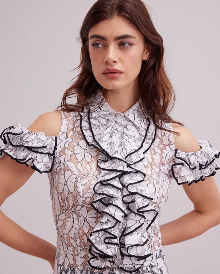 הַלבָּשָׁה Anne Fontaine חולצת roc חולצת תחרה עם כתף קרה עם עיטור קונטרסט ופרטי סלסול לבן שחור נשים DL8V8L236