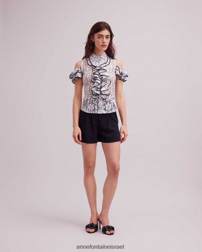 הַלבָּשָׁה Anne Fontaine חולצת roc חולצת תחרה עם כתף קרה עם עיטור קונטרסט ופרטי סלסול לבן שחור נשים DL8V8L236