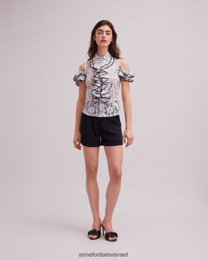 הַלבָּשָׁה Anne Fontaine חולצת roc חולצת תחרה עם כתף קרה עם עיטור קונטרסט ופרטי סלסול לבן שחור נשים DL8V8L236