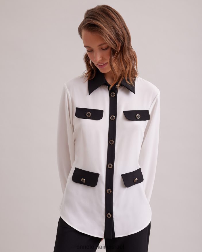הַלבָּשָׁה Anne Fontaine חולצת sandeau חולצת שרוולים ארוכים עם עיטורים ניגודיים ופרטי כפתורים גדולים לבן שחור נשים DL8V8L222