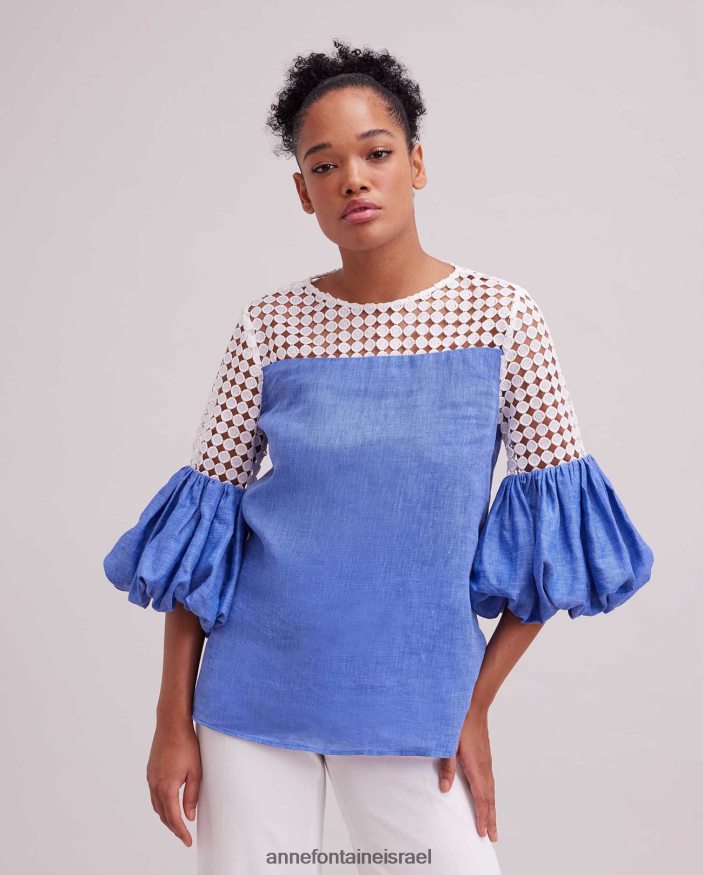 הַלבָּשָׁה Anne Fontaine חולצת פשתן חולצת sarriette עם פרטי תחרה פתוחים ושרוולים מרופטים כְּחוֹל נשים DL8V8L151