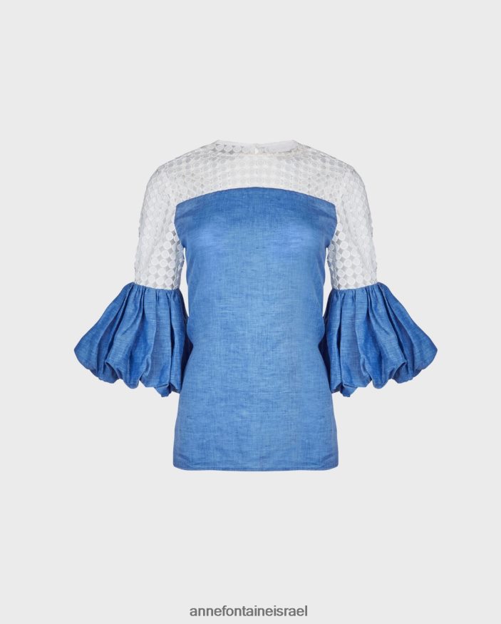 הַלבָּשָׁה Anne Fontaine חולצת פשתן חולצת sarriette עם פרטי תחרה פתוחים ושרוולים מרופטים כְּחוֹל נשים DL8V8L151