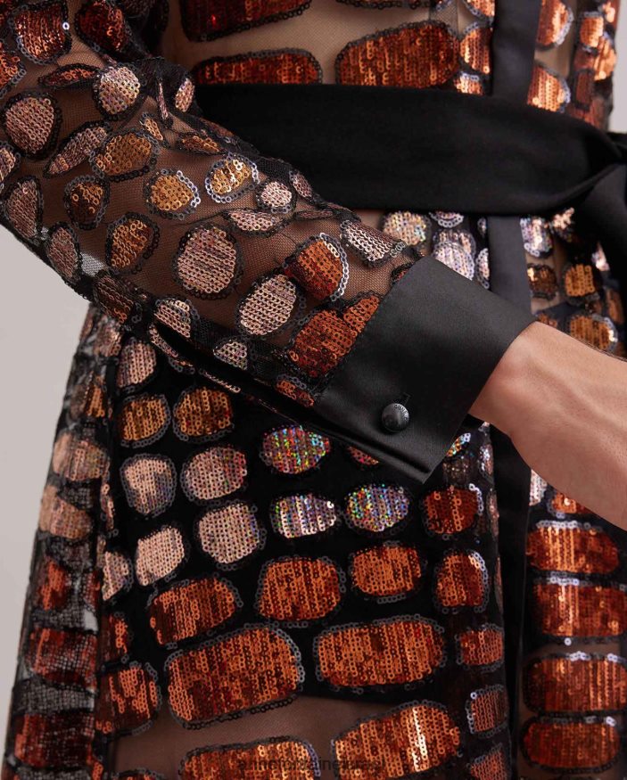 הַלבָּשָׁה Anne Fontaine שמלת savante שמלת רשת שקופה ארוכה רקומה בפאייטים ומסתיימת בפרטי משי שָׁחוֹר נשים DL8V8L101