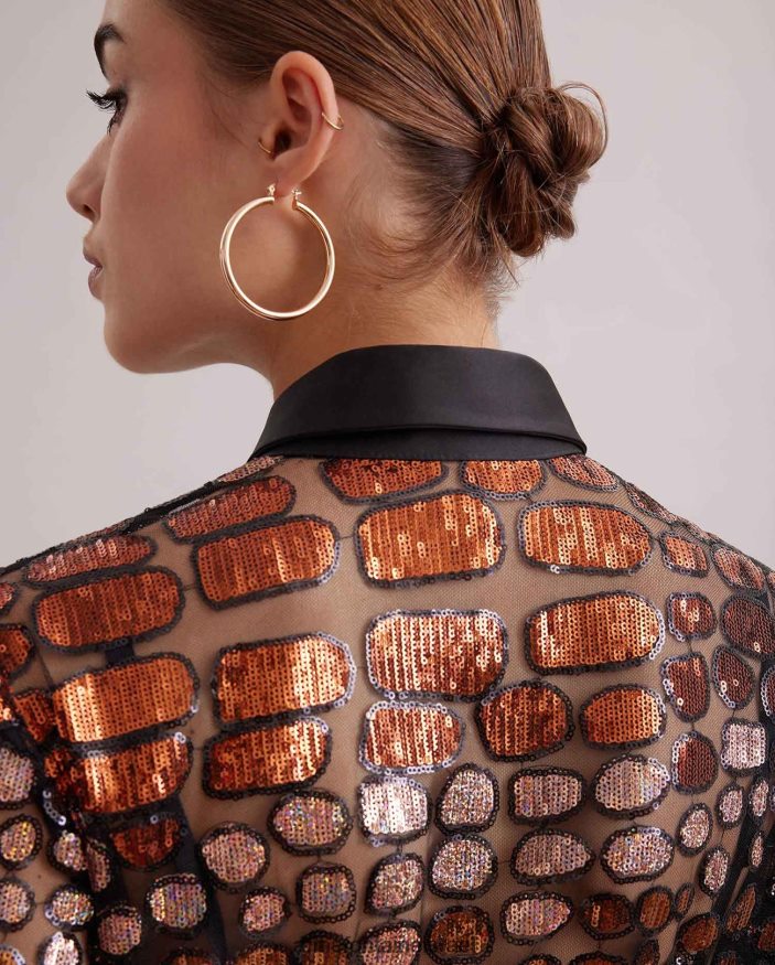 הַלבָּשָׁה Anne Fontaine שמלת savante שמלת רשת שקופה ארוכה רקומה בפאייטים ומסתיימת בפרטי משי שָׁחוֹר נשים DL8V8L101